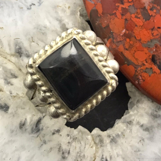 Vintage Native American Silver Rectangle Onyx Decortaed Ring Size 11 For Men