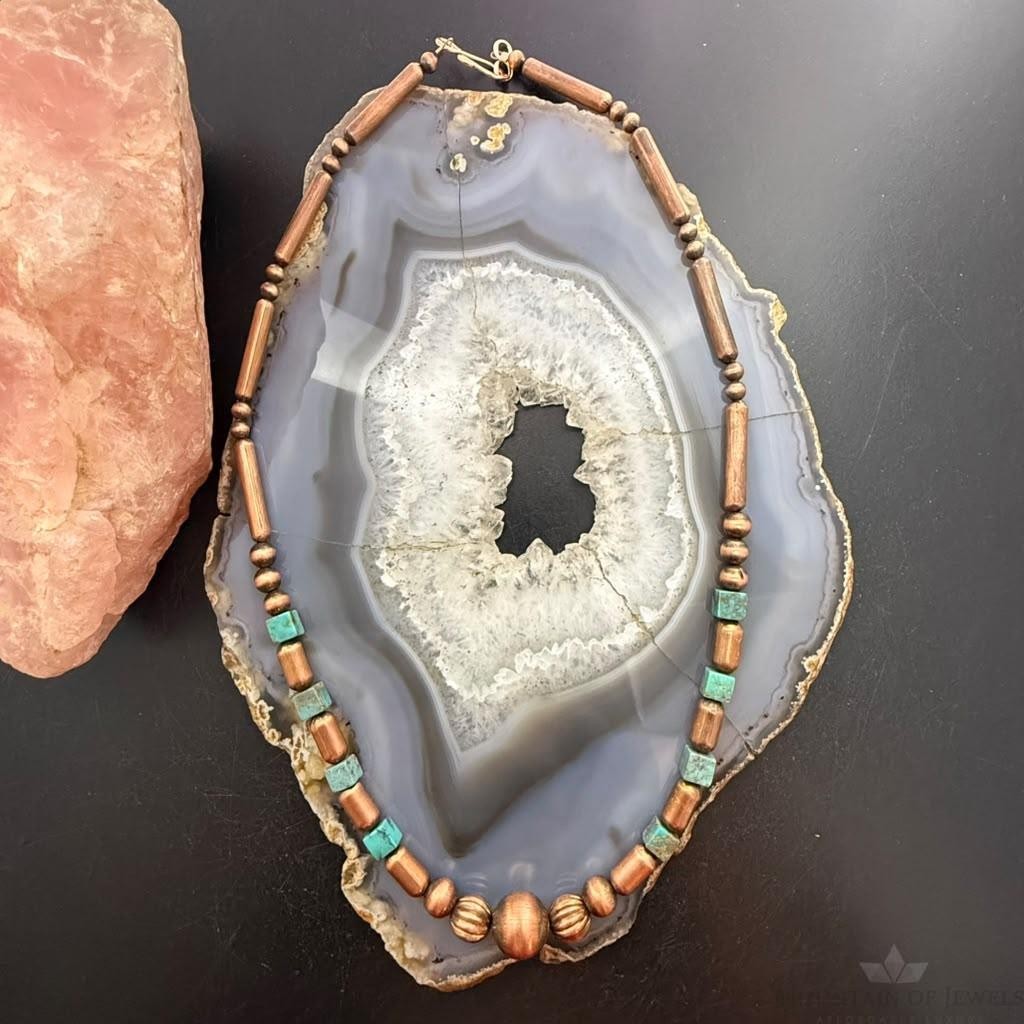 Southwestern Style Copper Navajo Pearl & Cylinder w/Turquoise Beads 20" Necklace For Women