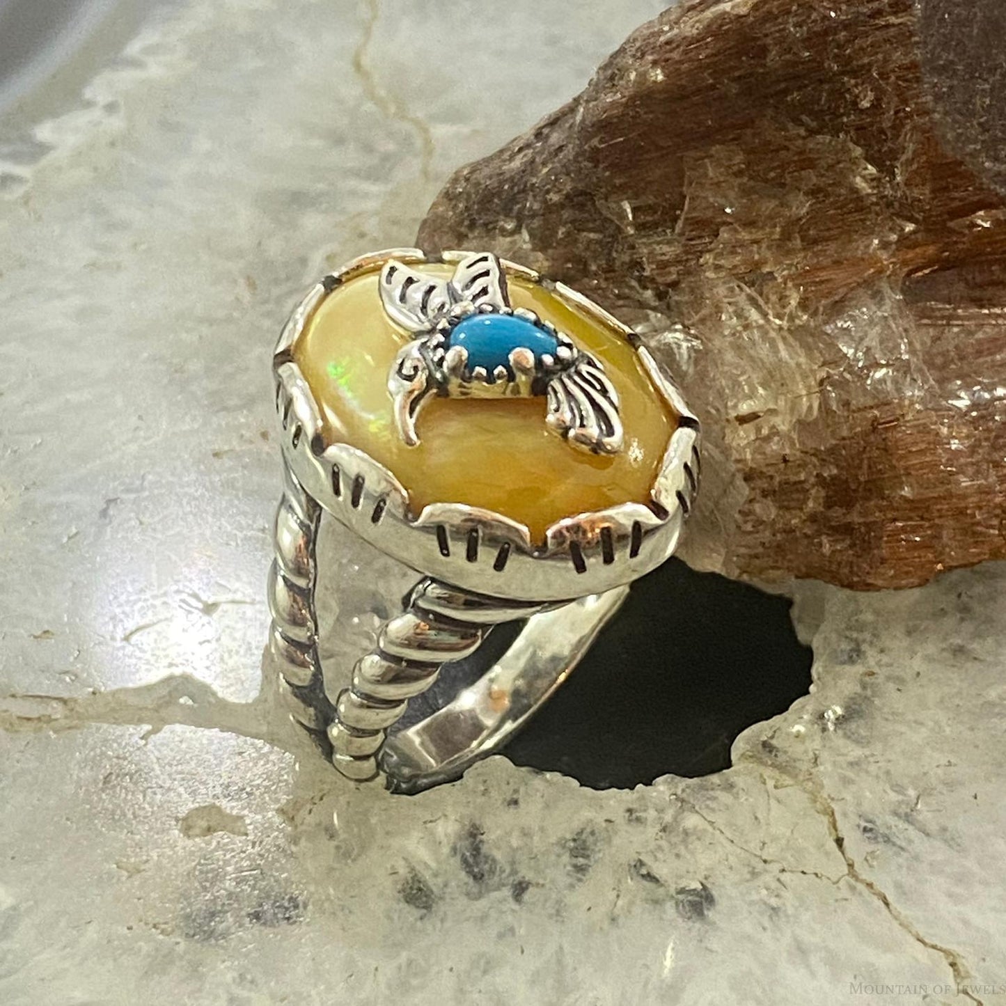Carolyn Pollack Southwestern Style Sterling Silver Gold Mother of Pearl/Turquoise Hummingbird Ring For Women