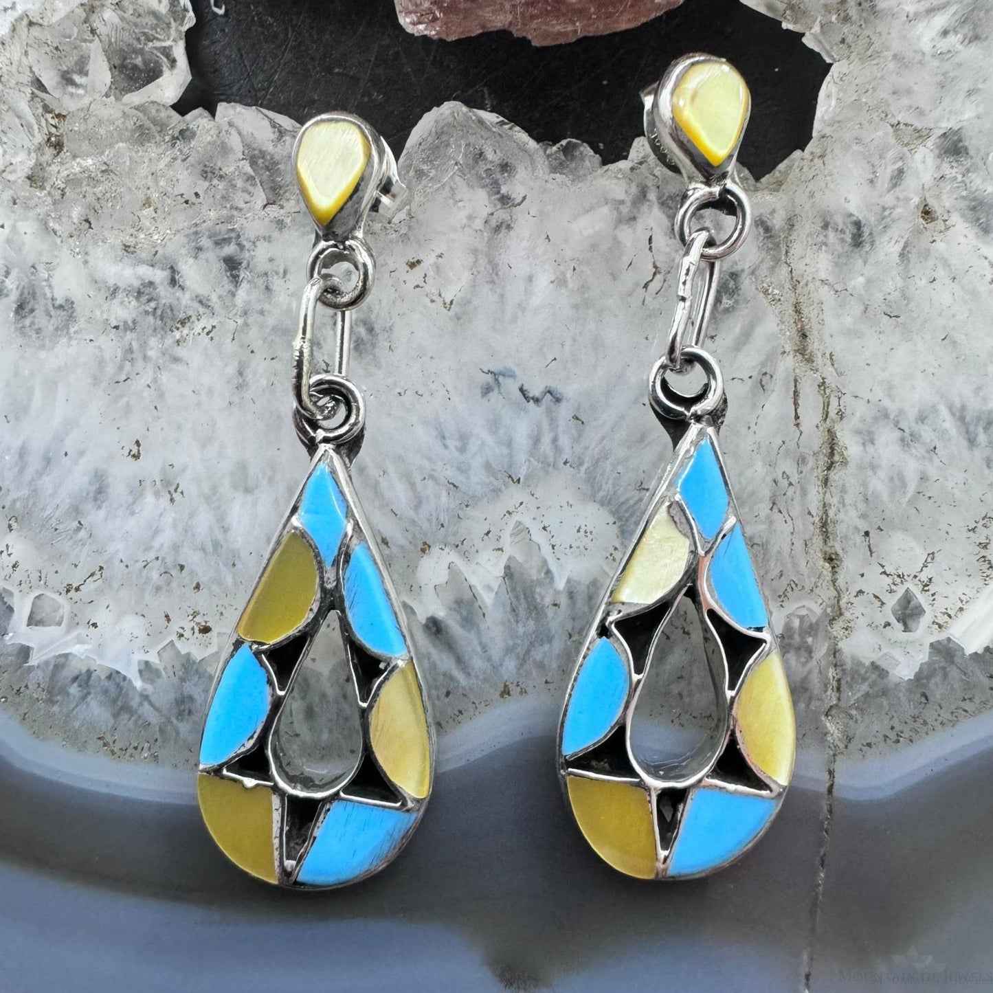 Emma Bowekaty Sterling Silver Multistone Zuni Inlay Dangle Earrings For Women #1