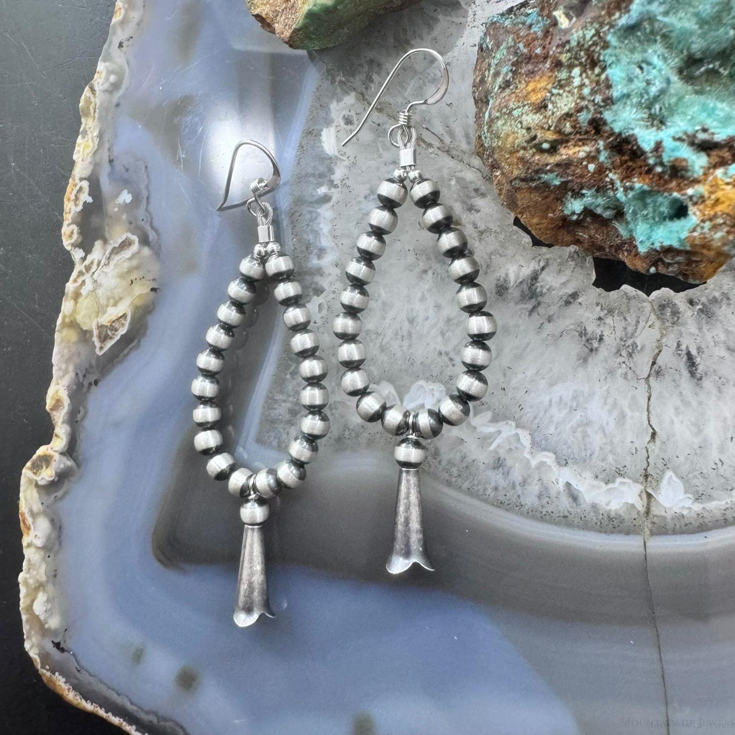 Navajo Pearl Beads 3 mm W/Squash Blossom Sterling Silver Dangle Earrings For Women