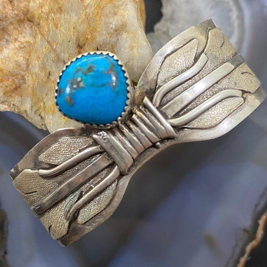 Vintage Signe Native American Sterling Silver Turquoise Overlay Texture Bracelet For Women