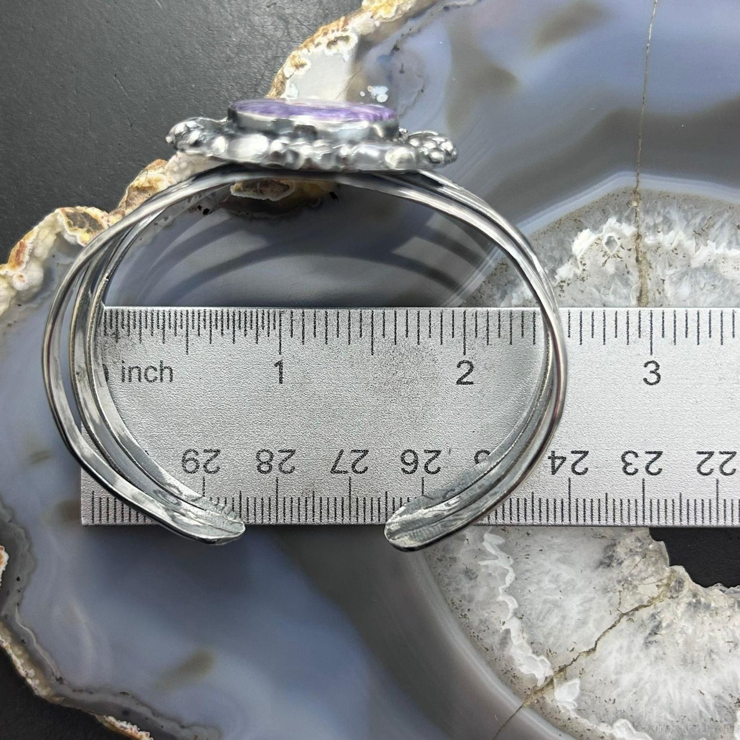 Sterling Silver Southwestern Style Large Oval Charoite Decorated Bracelet For Women