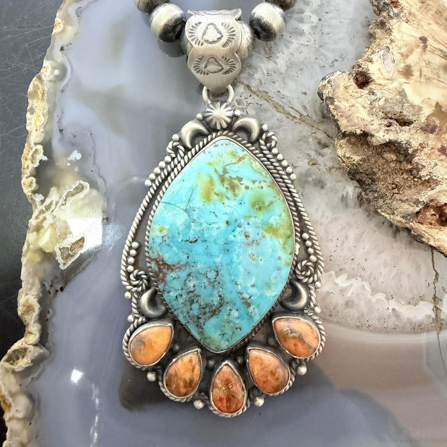 Sterling Silver Southwestern Style Large Turquoise & Spiny Oyster Pendant For Women