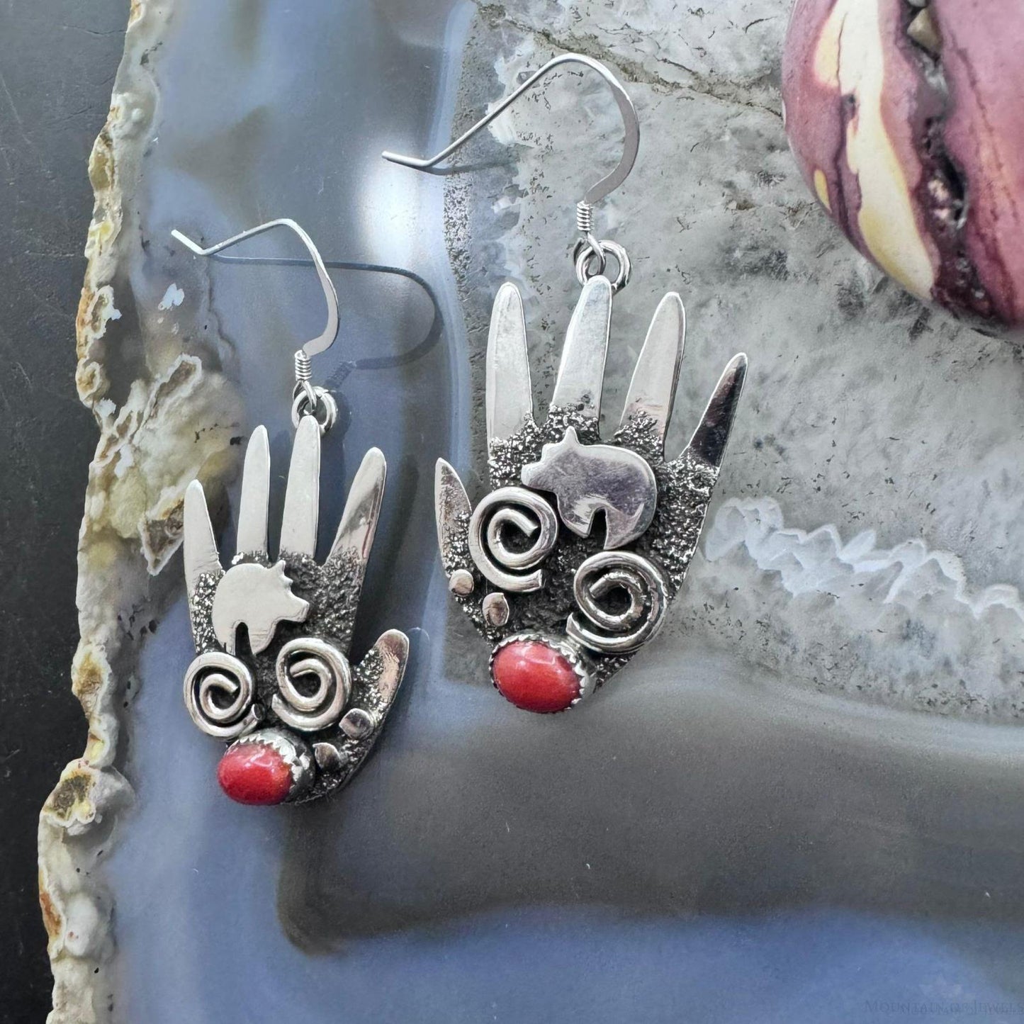 Alex Sanchez Sterling Silver Ancestors Hand Petroglyph w/Coral Dangle Earrings For Women #1