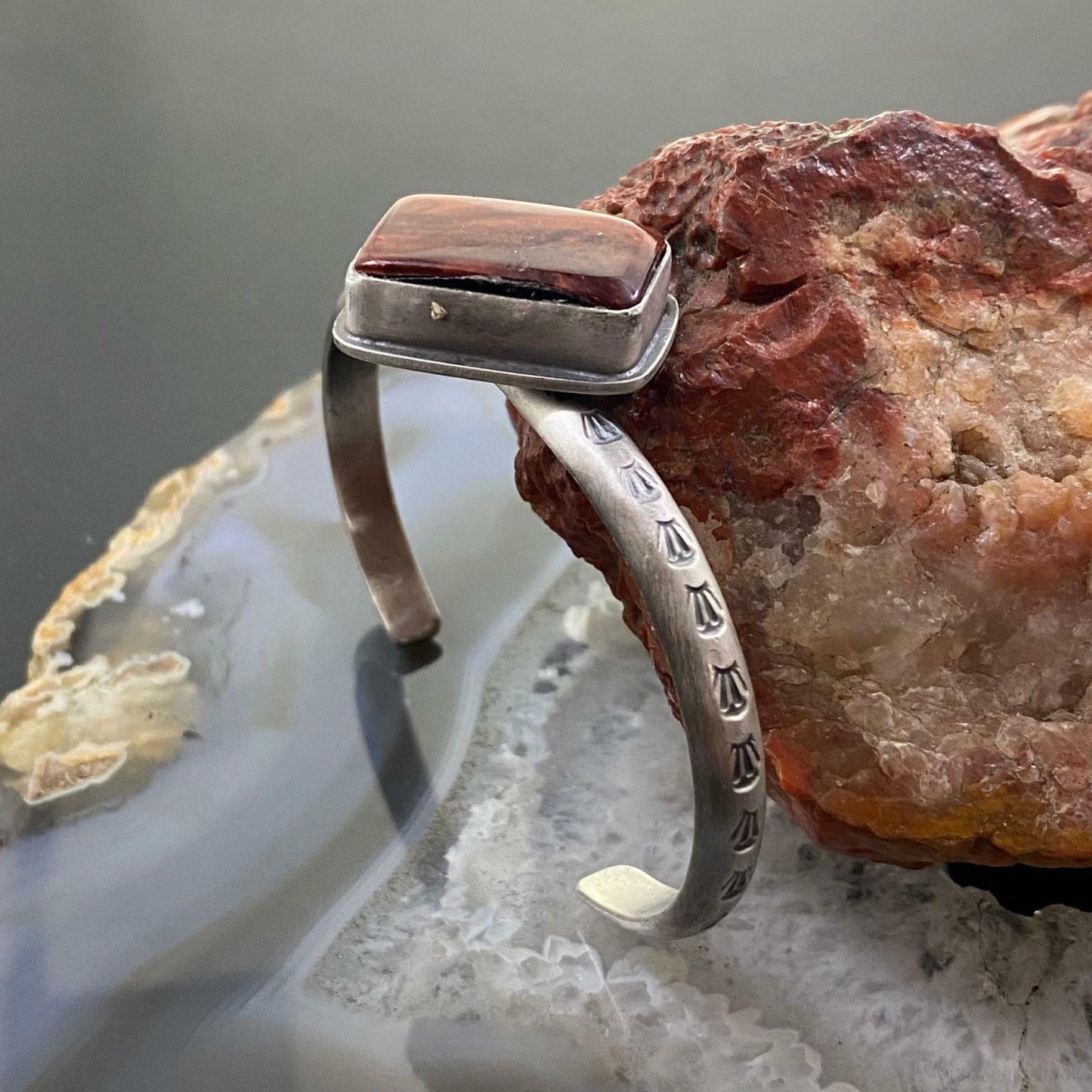 Native American Sterling Silver Rectangle Spiny Oyster Slim Bracelet For Women
