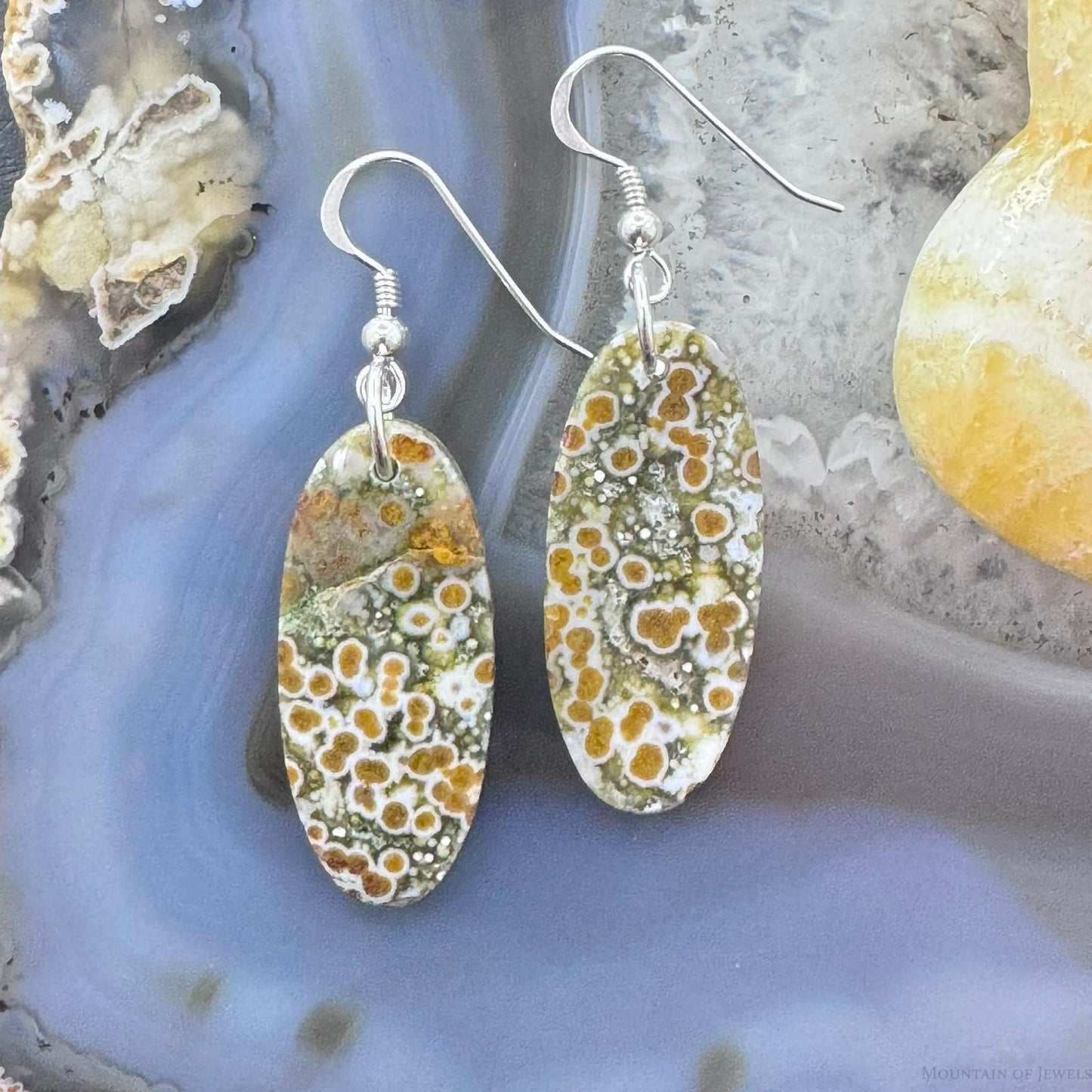 Sterling Silver Elongated Oval River Jasper Slab Dangle Earrings For Women #227