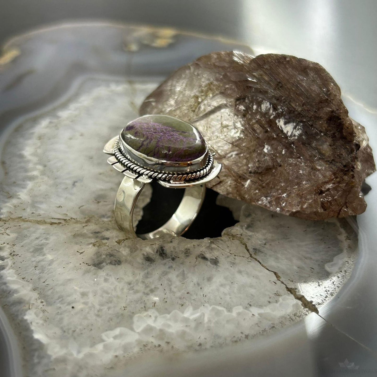 Sterling Silver Southwestern Style Oval Stichtite Decorated Ring Size 8.5 For Women