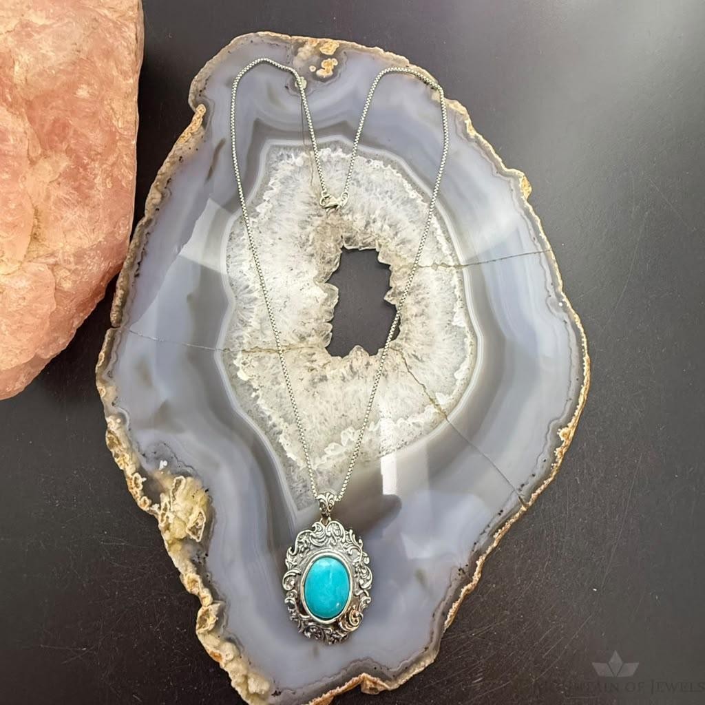 Paz Israel Sterling Silver Oval Turquoise Decorated Pendant w/Necklace For Women