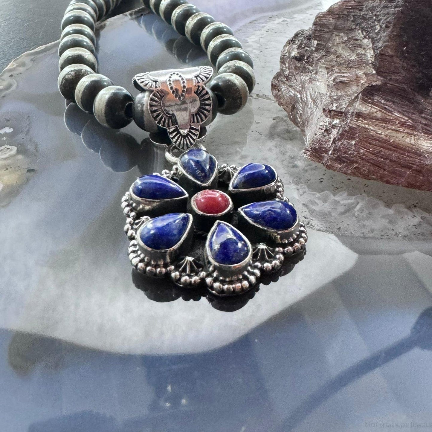 Native American Sterling Silver Lapis & Coral Flower Decorated Pendant For Women