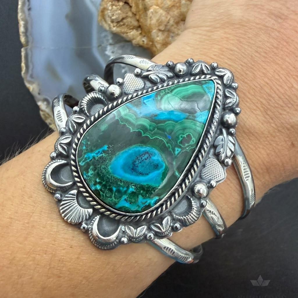 Sterling Silver Southwestern Style Teardrop Azurite Malachite Bracelet For Women