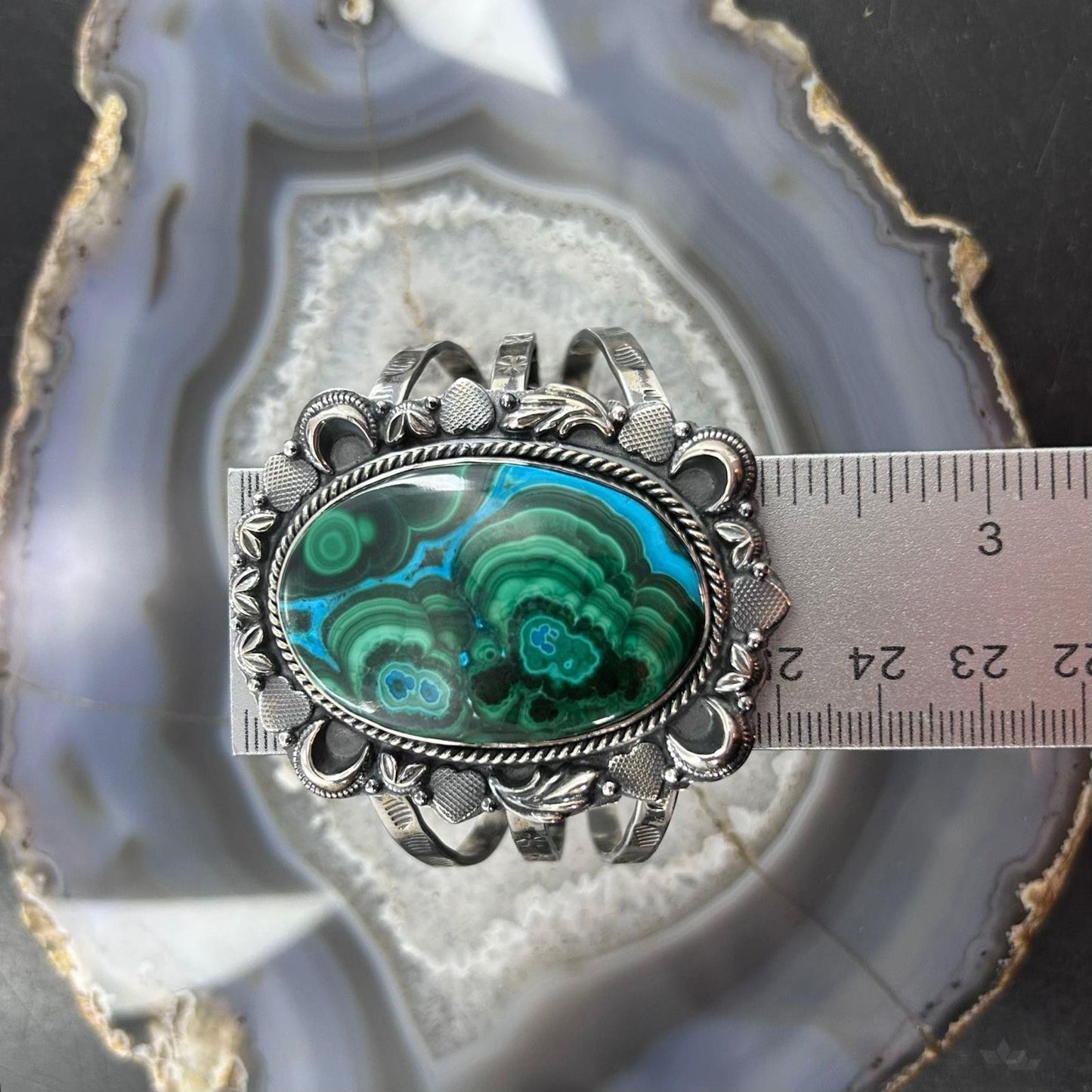 Sterling Silver Southwestern Style Large Oval Malachite Azurite Bracelet For Women