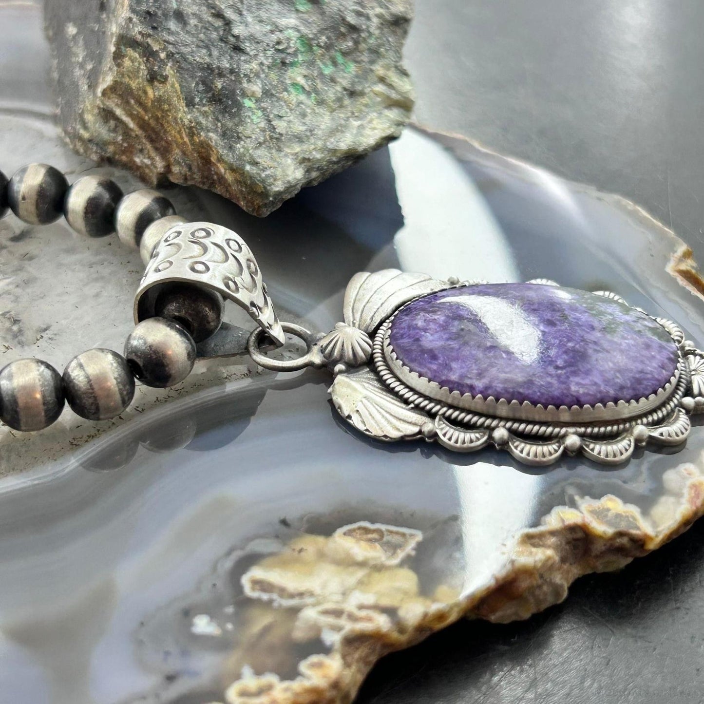 Sterling Silver Southwestern Style Oval Charoite Decorated Pendant For Women #1