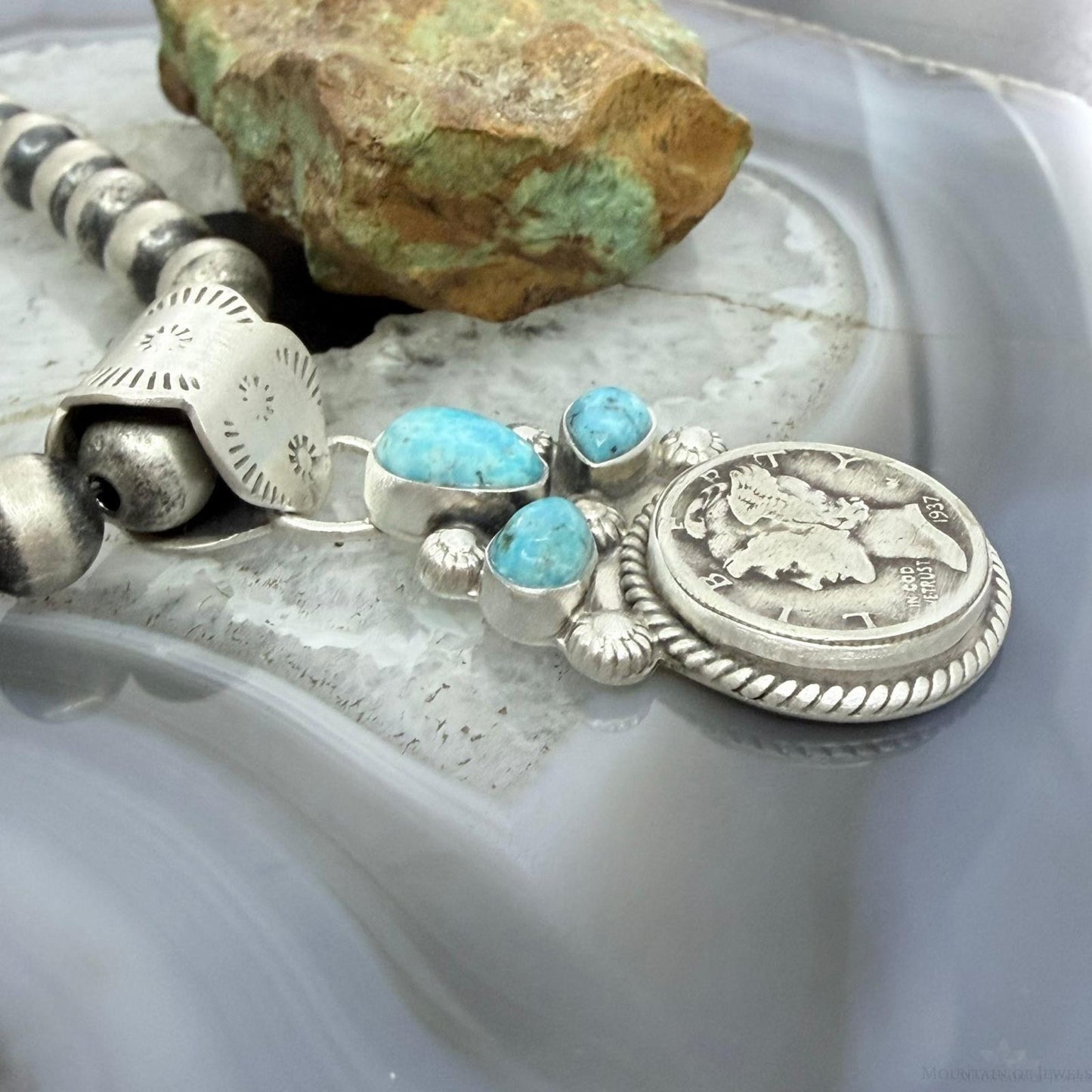 Genuine 1937 90% Silver Mercury Dime Coin Mohave Turquoise Unisex Pendant