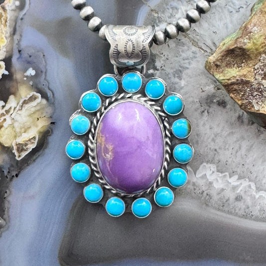 Native American Sterling Silver Oval Purple Phosphosiderite w/ Turquoise Pendant For Women