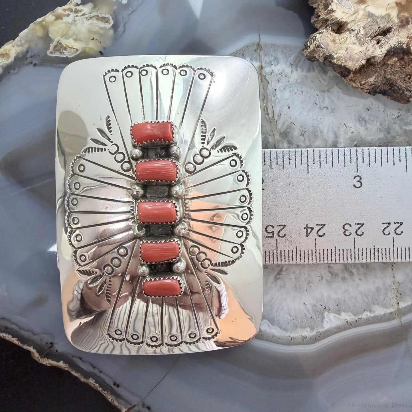 Joann Begay Native American Sterling Silver 5 Coral Stamped Belt Buckle For Men