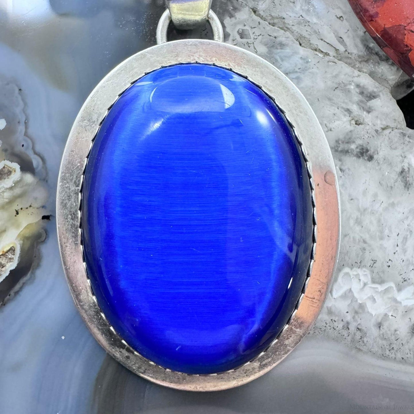 Vintage Sterling Silver Large Oval Blue Chalcedony Fashion Pendant For Women