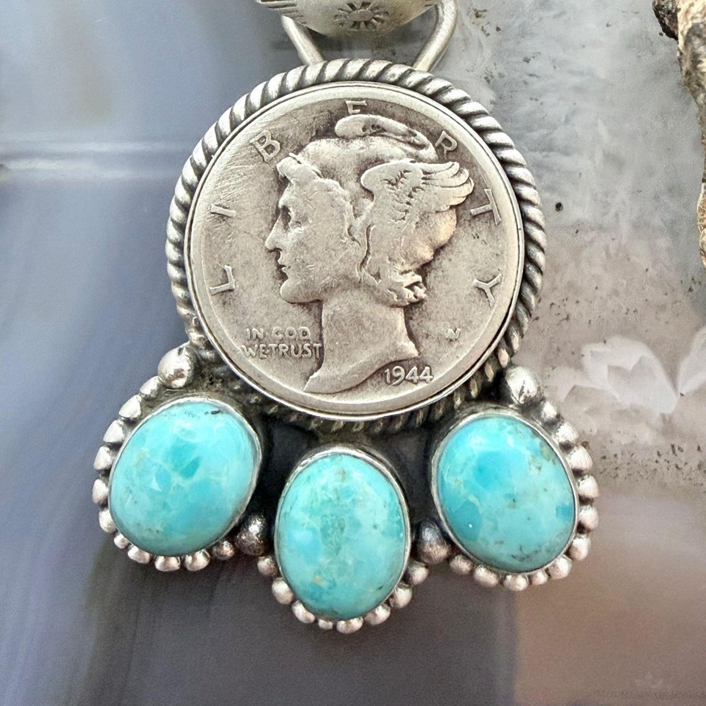Genuine 1944 90% Silver Mercury Dime Coin w/Oval Turquoise Decorated Unisex Pendant