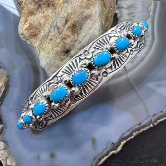 Grace Silver Native American Sterling Single Row 9 Oval Kingman Turquoise Bracelet For Women