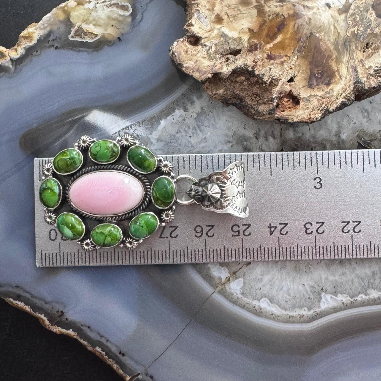 Native American Sterling Silver Sonora Gold Turquoise & Pink Conch Cluster Pendant For Women