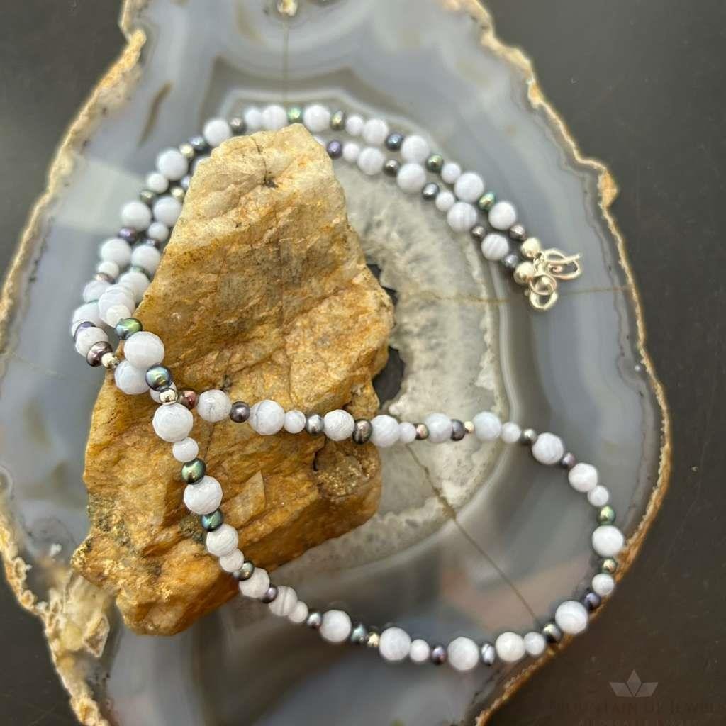 Carolyn Pollack Sterling Silver  Blue Lace Agate &Eggplant Pearl Bead Necklace For Women