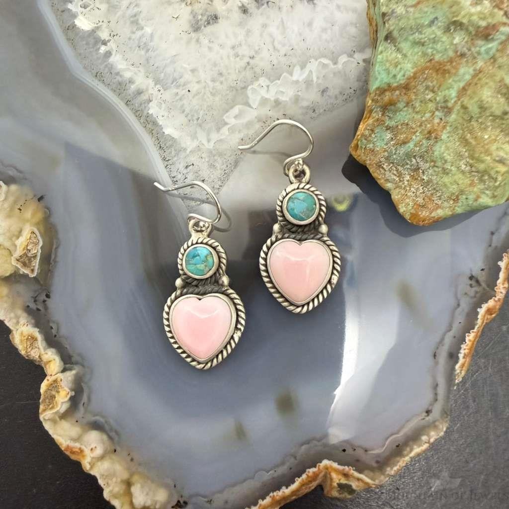 Sterling Silver Southwestern Style Pink Conch & Turquoise Dangle Earrings For Women