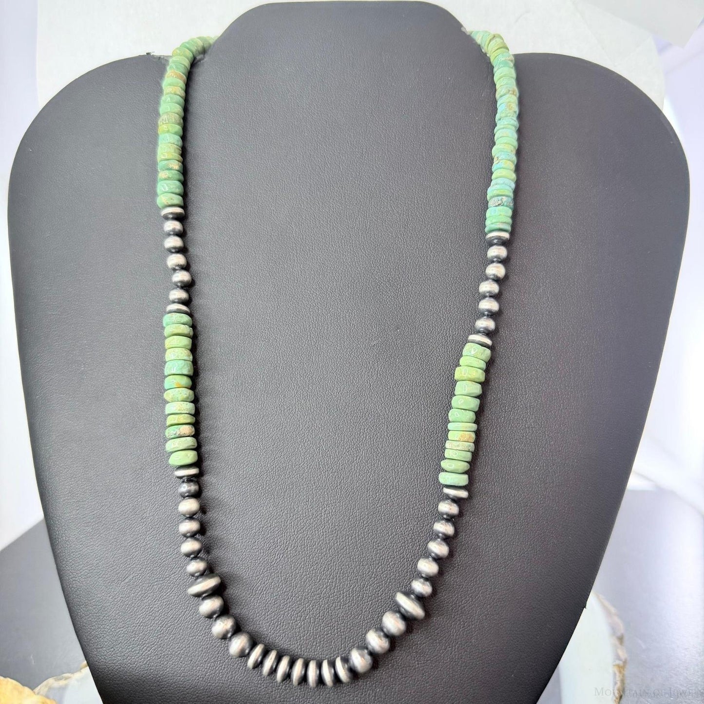 Sterling Silver Southwestern Style Green Turquoise Beads & Starling Beads 20" Necklace For Women