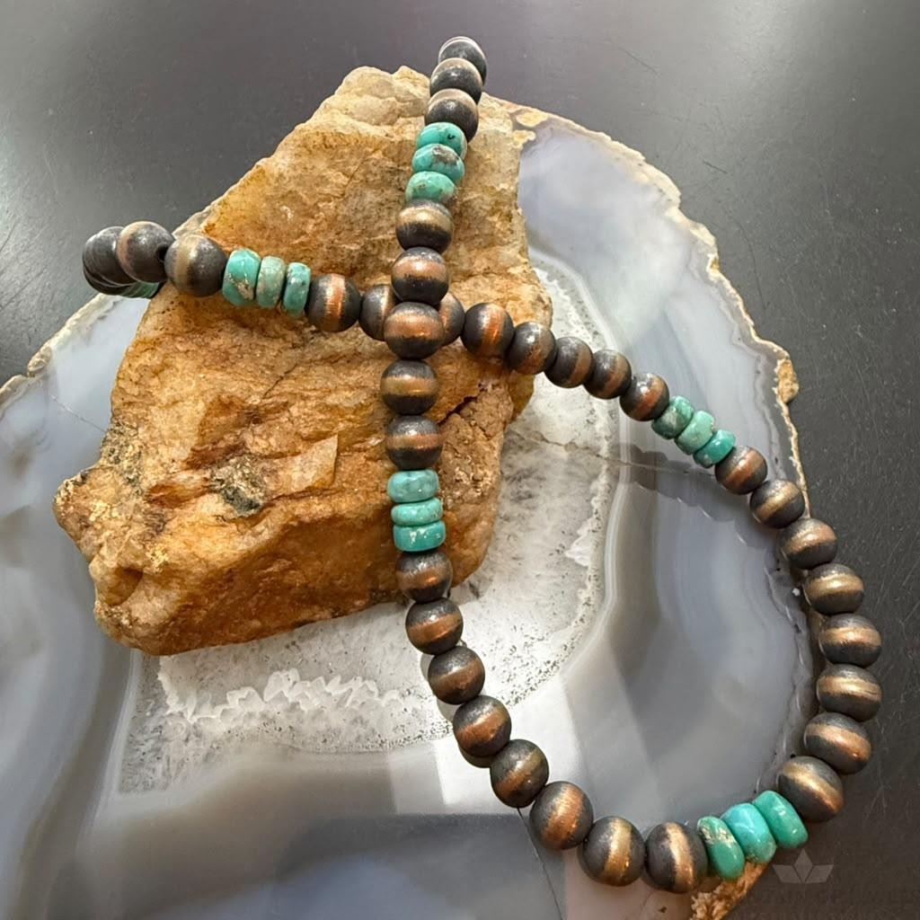Southwestern Style Copper 8mm Navajo Pearl Round & Turquoise 18"-20" Necklace For Women