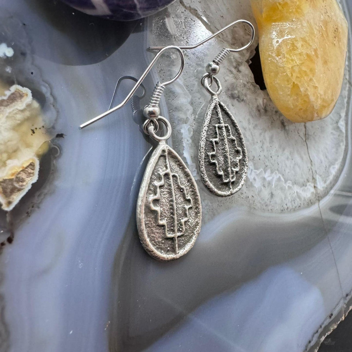 Joel Pajarito Sterling  Silver Teardrop Tufa Cast Rug Design Dangle Earrings For Women