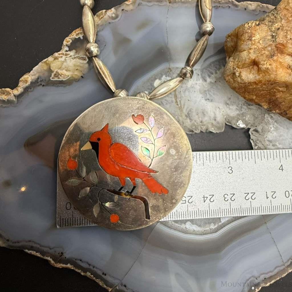 Vintage Native American Silver Zuni Pendant/Brooch Inlay Cardinal Bird Necklace For Women