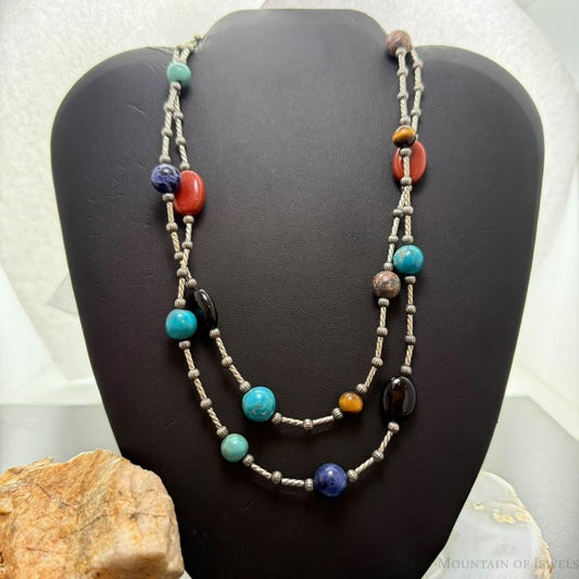 Carolyn Pollack Sterling Silver Cylinder, Beads and Multistone 34" Necklace For Women