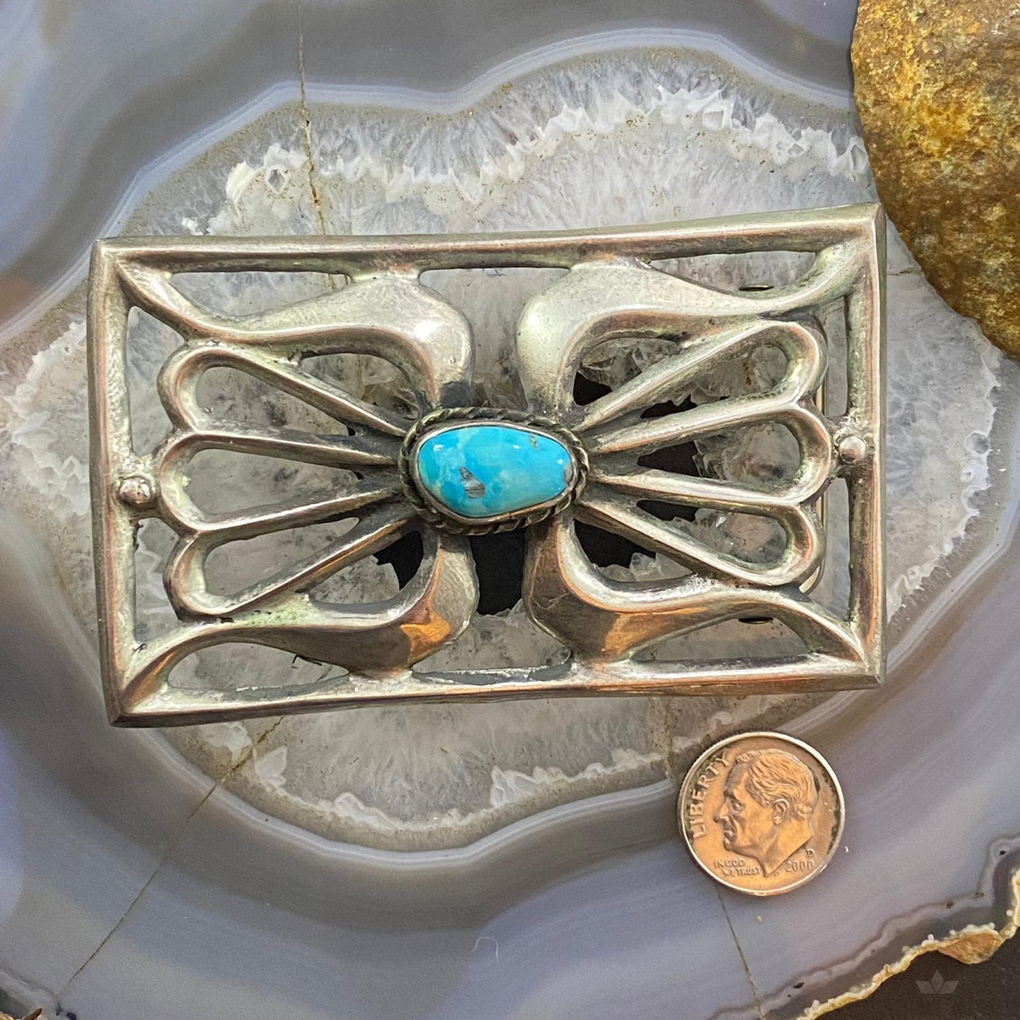Signed Vintage Native American Silver Sandcast Kingman Turquoise Buckle For Men