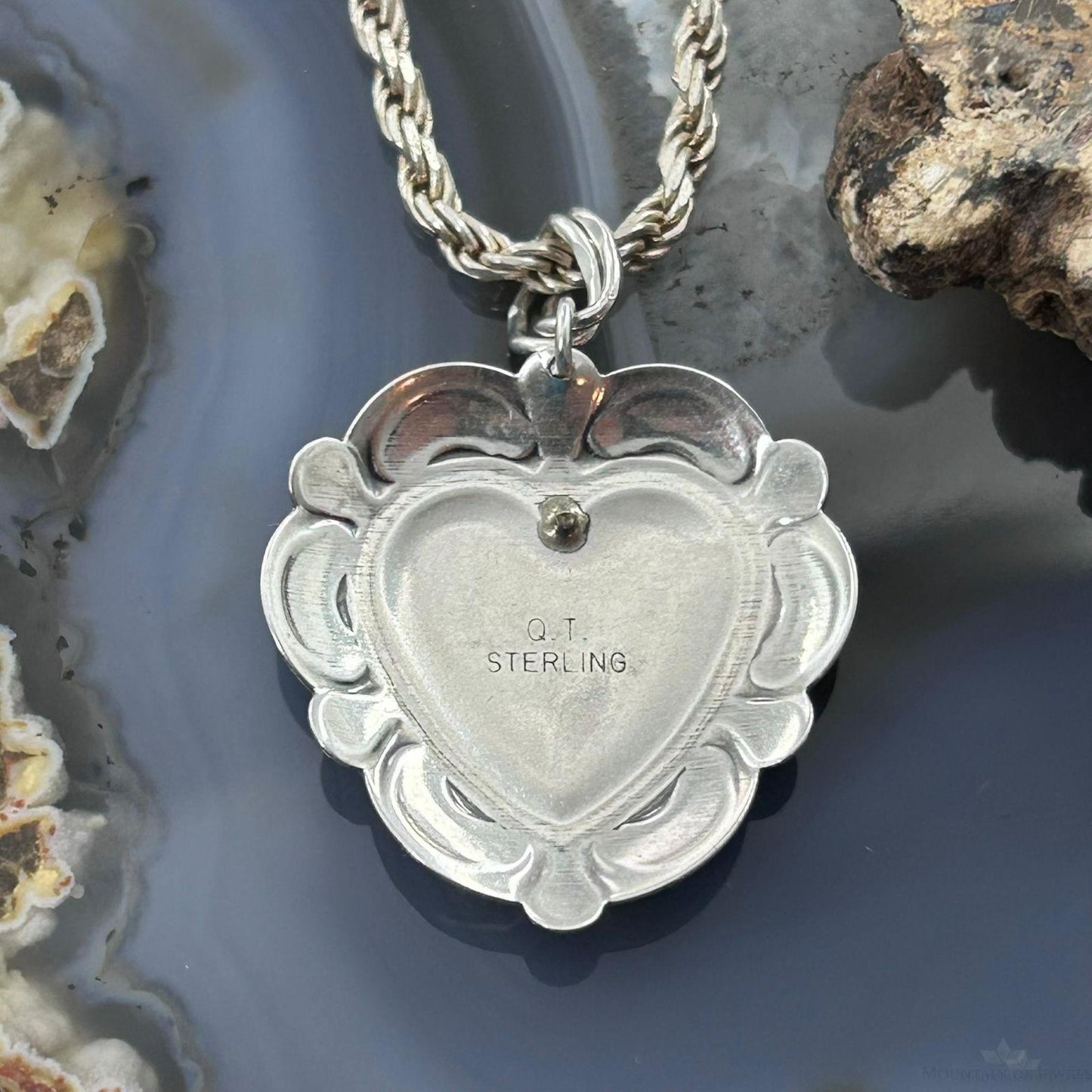 QT Quoc Sterling Silver Southwestern Style Malachite Heart Pendant For Women