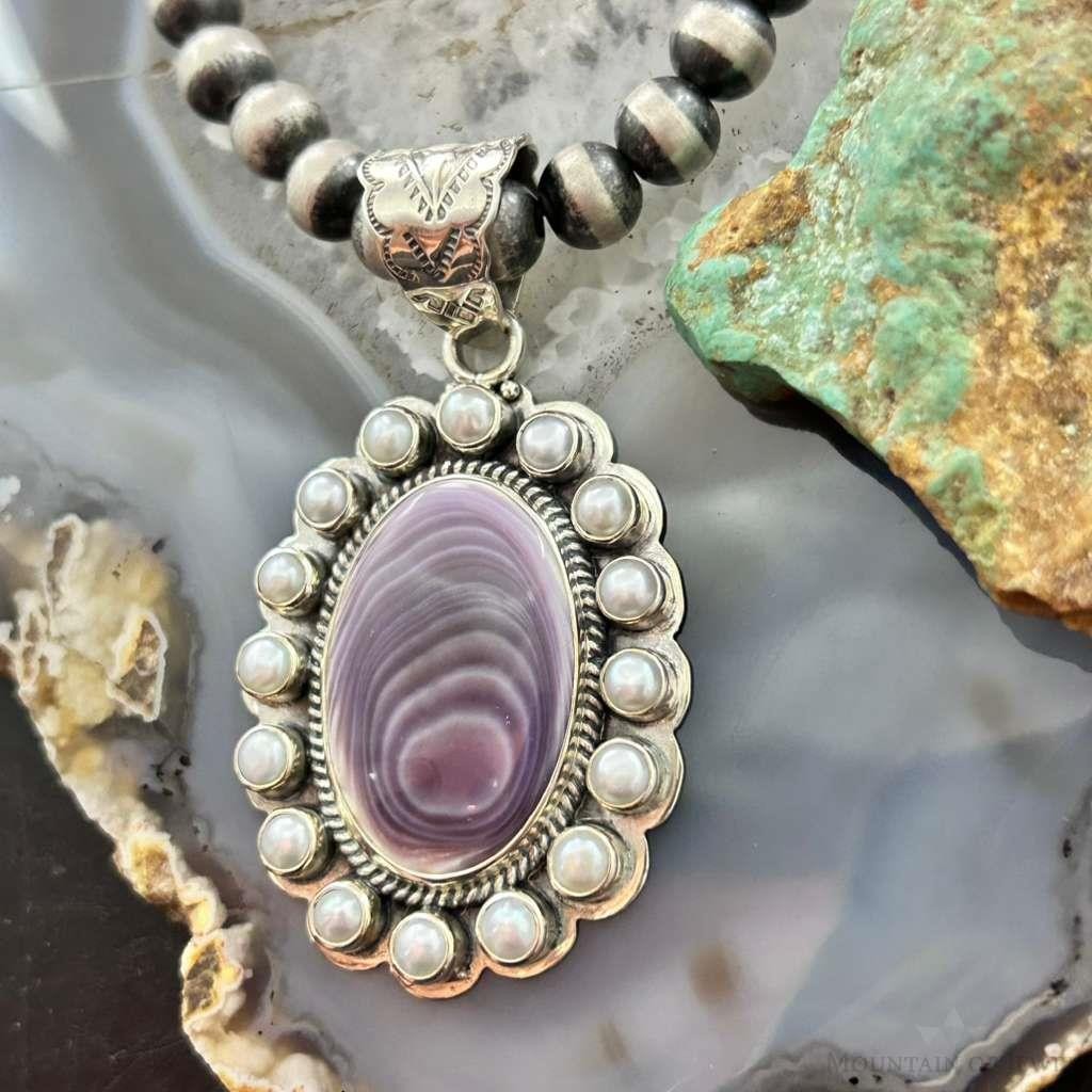 Native American Sterling Silver Oval Phosphosiderite W/Pearls Cluster Pendant For Women