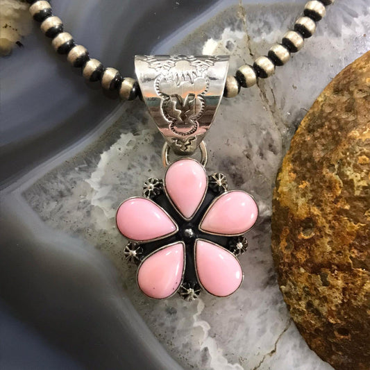 Native American Sterling Silver 5 Teardrop Pink Conch Flower Pendant For Women #1
