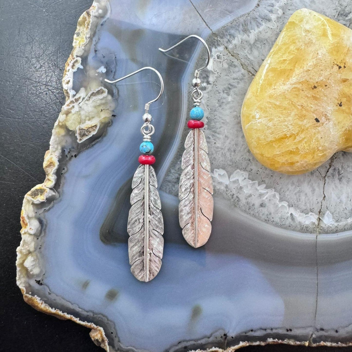 Anthony Gatewood Sterling Silver Turquoise & Coral Bead Feather Dangle Earrings For Women