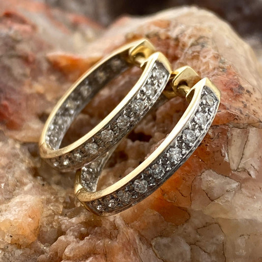 14K Two Tone Gold Diamonds Hugs Hoop Earrings For Women