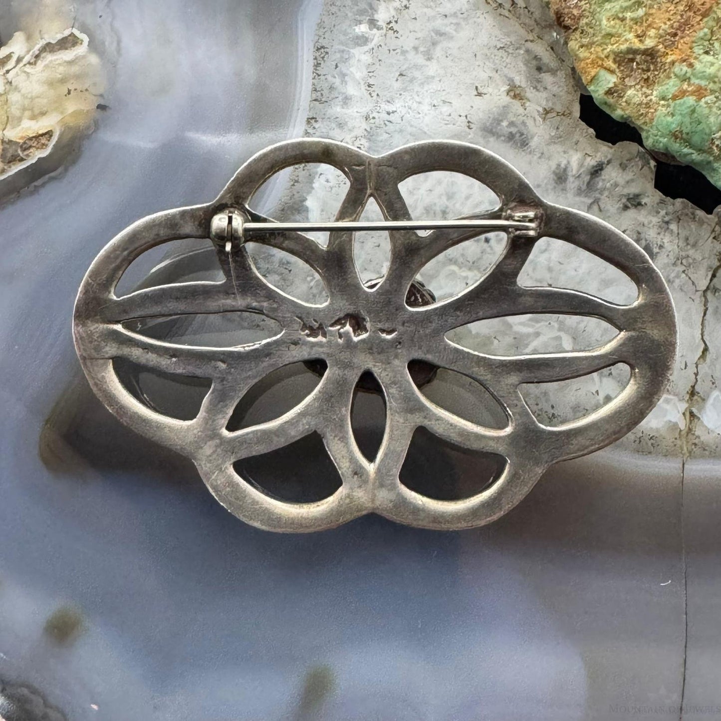 Vintage Nellie Tso Native American Silver Turquoise Sand Cast Brooch For Women