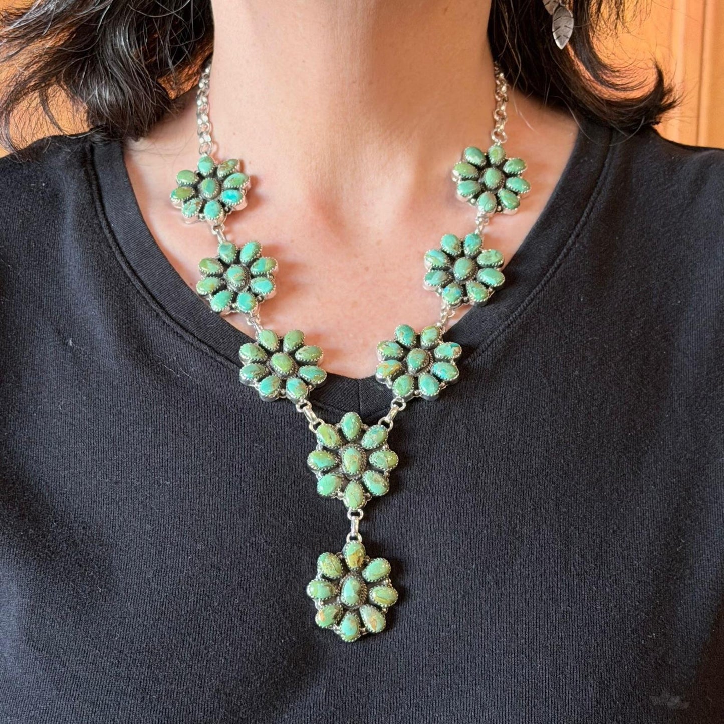 Sterling Silver Southwestern Style Mohave Turquoise 8 Cluster 19" Necklace For Women