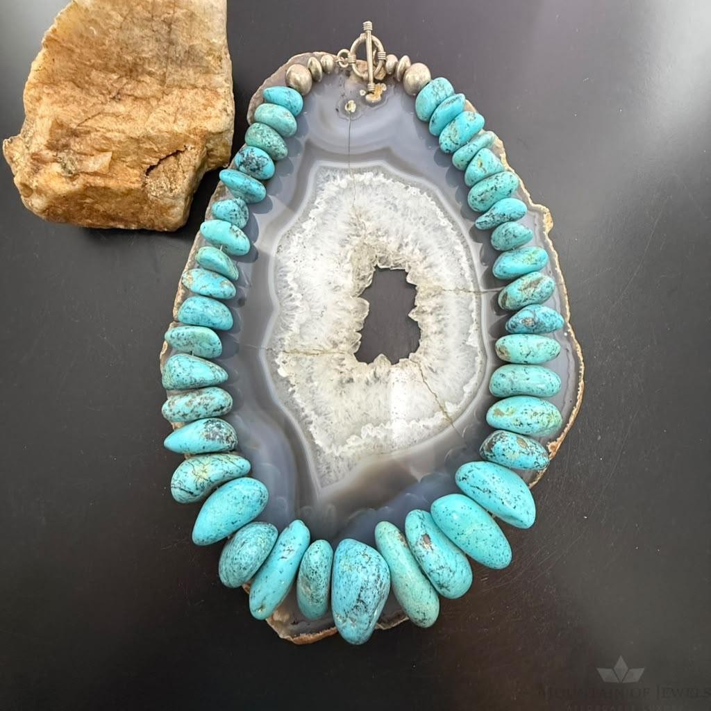 Vintage Sterling Silver Native American Natural Chunky Turquoise 16" Necklace For Women