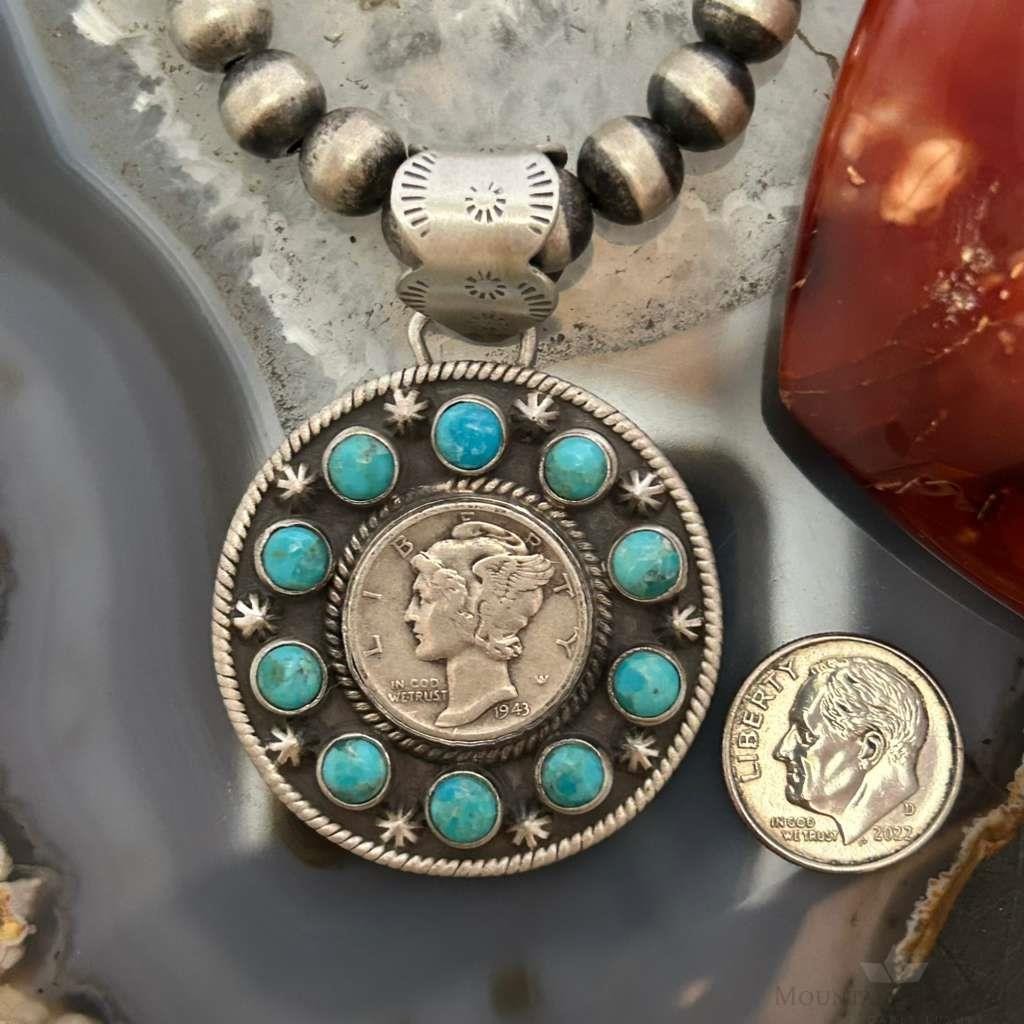 Genuine 1943 90% Silver Mercury Dime Coin Mohave Turquoise Unisex Pendant