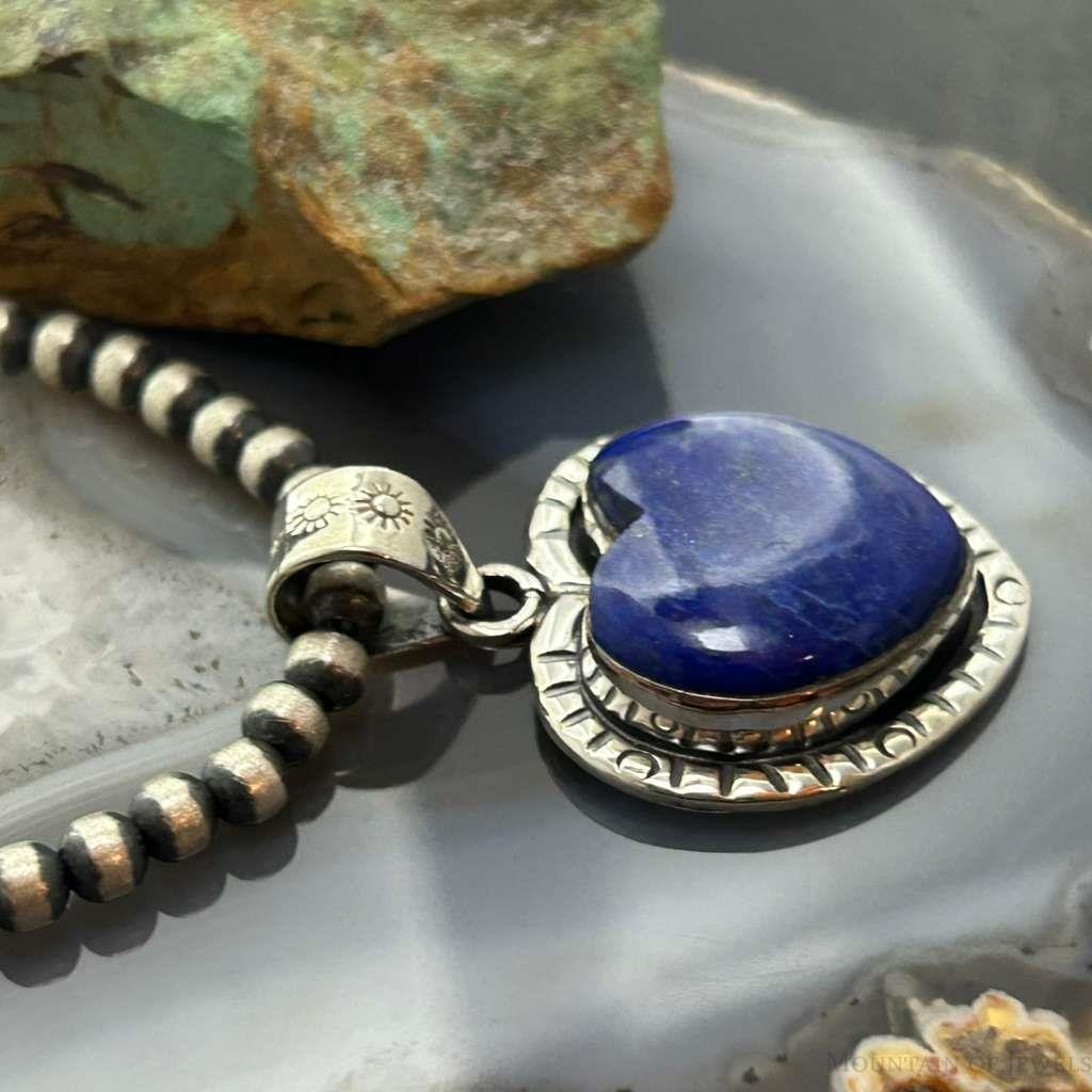 Sterling Silver Southwestern Style Lapis Heart Decorated Pendant For Women #2