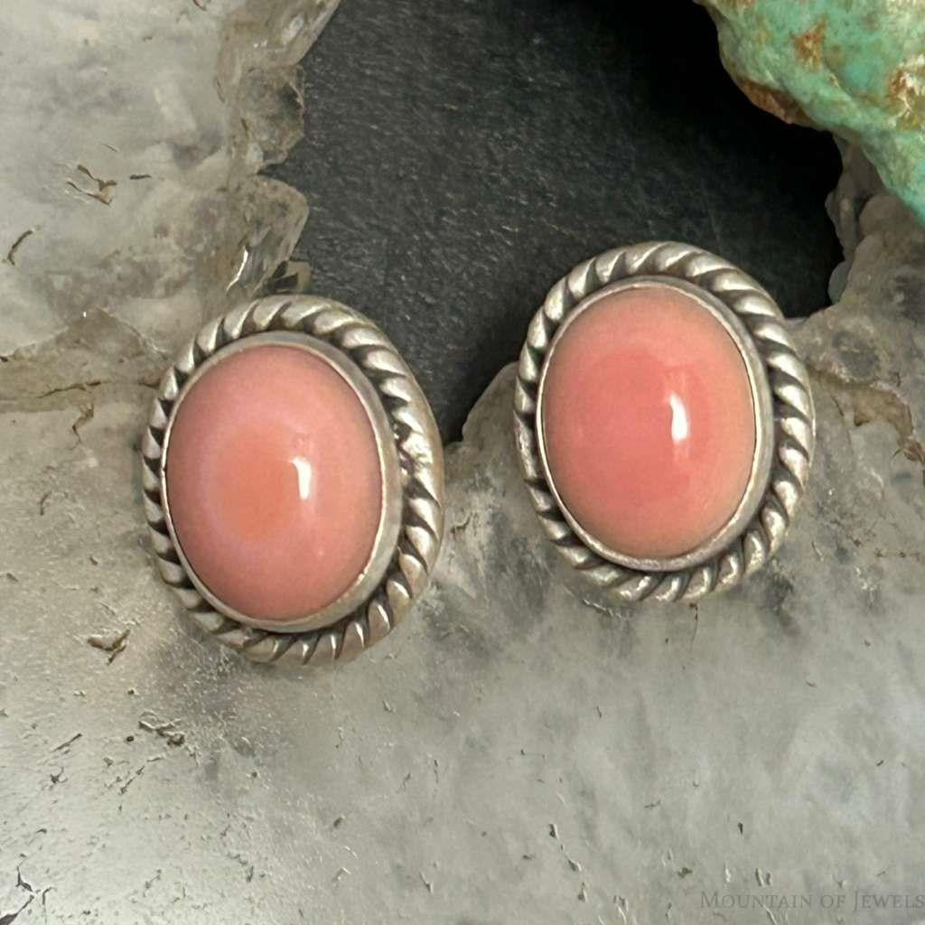 Sterling Silver Southwestern Style Oval Pink Conch Stud Earrings For Women