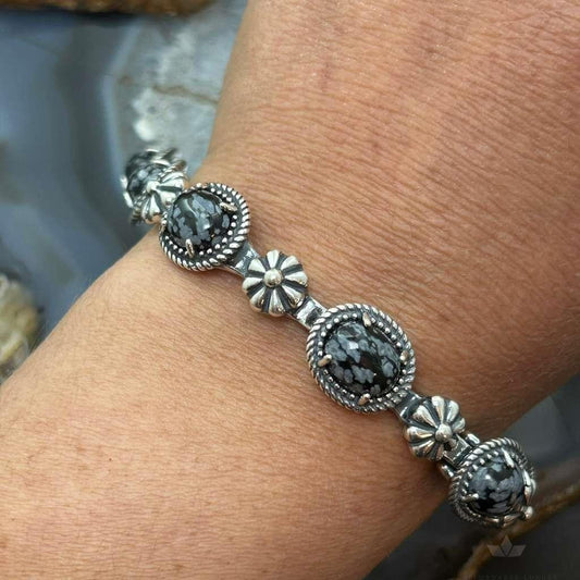 Carolyn Pollack Sterling Silver 7 Oval Snowflake Obsidian Bracelet For Women