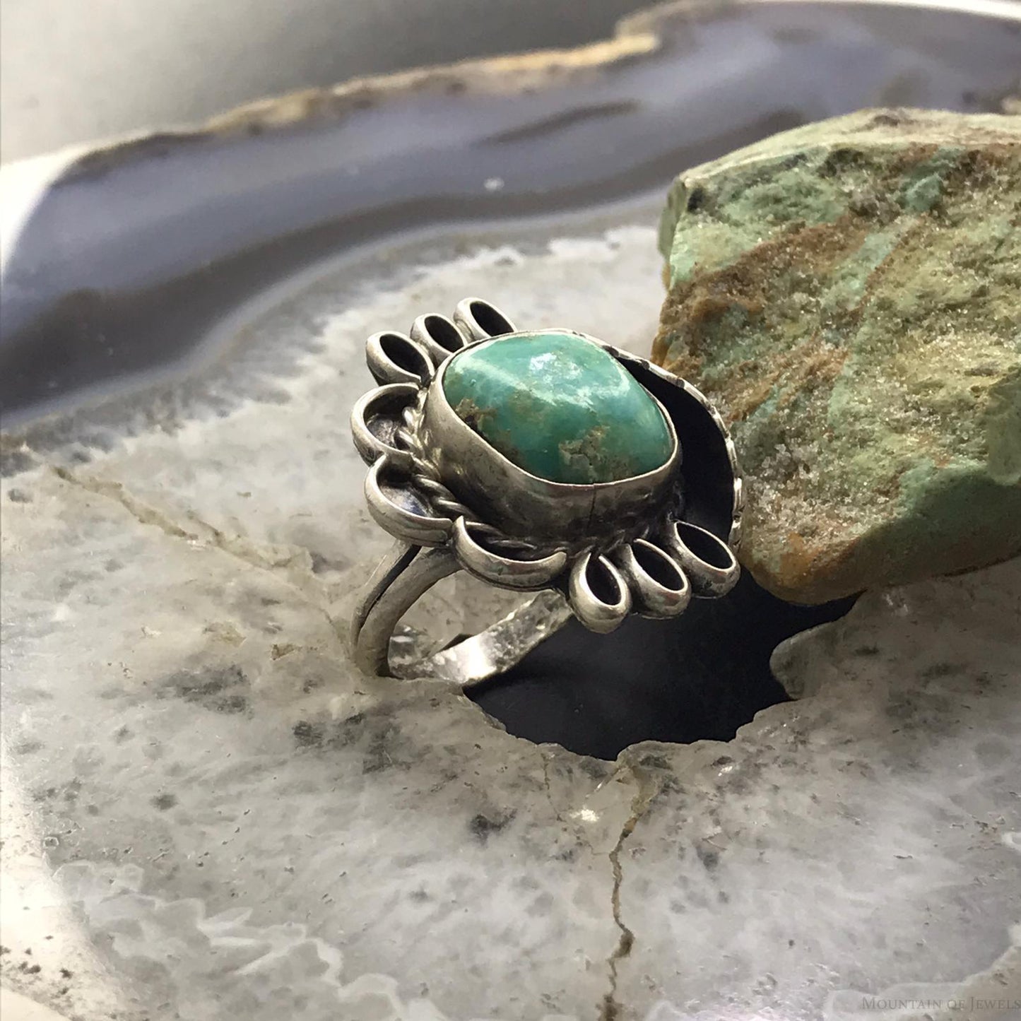 Vintage Signed Native American Silver Turquoise Floral Ring Size 6.25 For Women