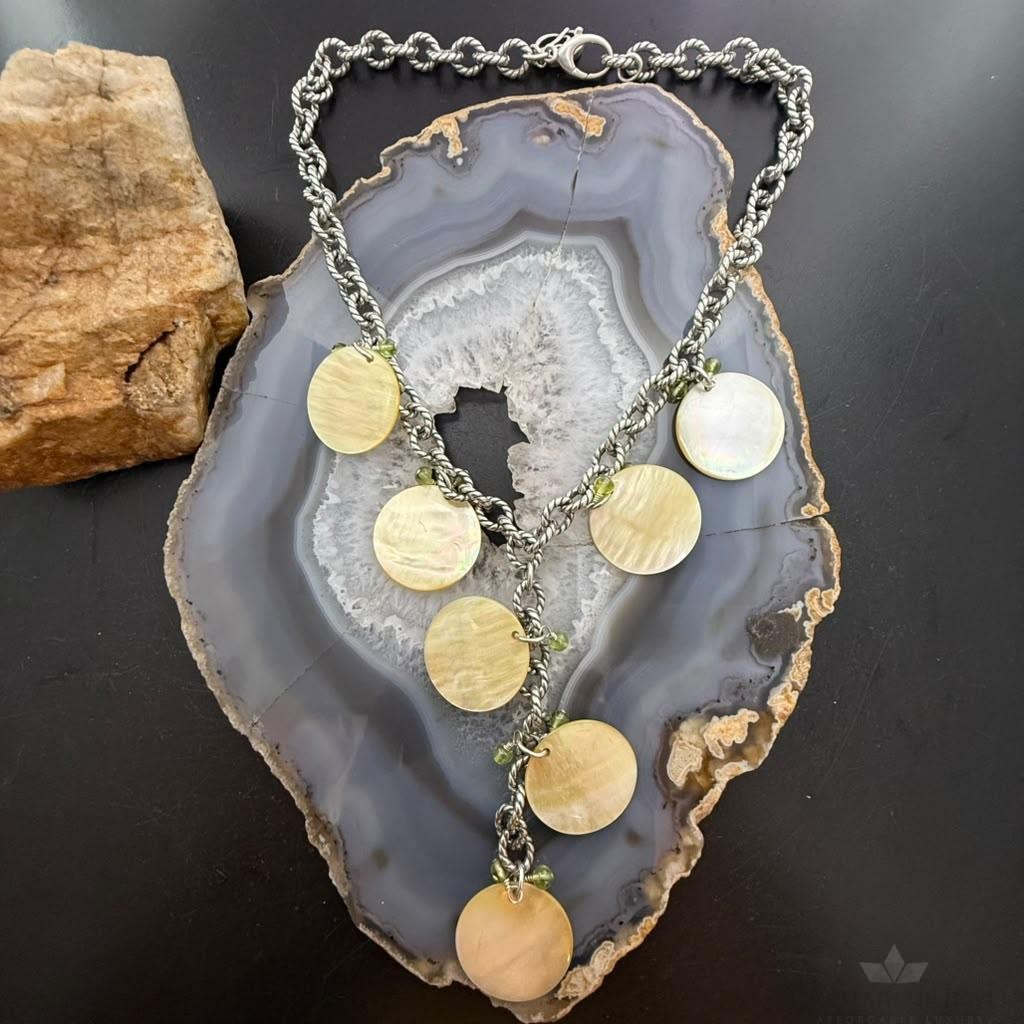 Carolyn Pollack Sterling Silver MOP Disc,Peridot Twisted Link Chain 20" Necklace