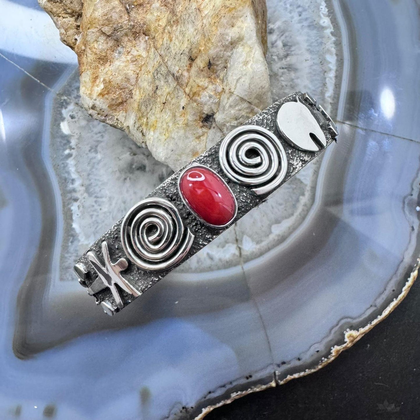 Alex Sanchez Native American Sterling  Silver Petroglyph Coral Bracelet For Women