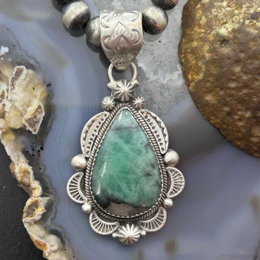 Sterling Silver Southwestern Style Teardrop Emerald Decorated Pendant For Women