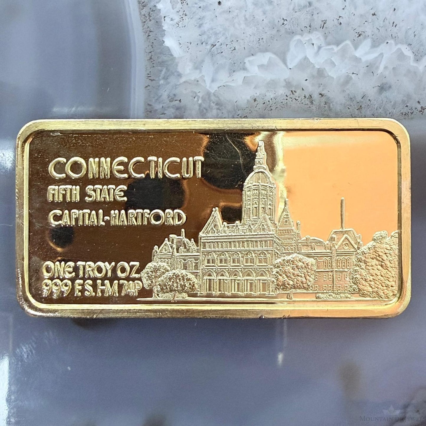 US .999 One Ozt Silver Connecticut Bar w/24K Gold Plated Hamilton Mint #112825-3