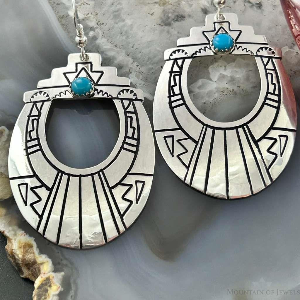 Tommy & Rosita Singer Sterling Silver Dot Turquoise Engraved Dangle Earrings For Women
